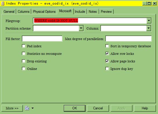 Screenshot filtered index