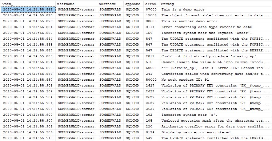 Output from view_exceptions